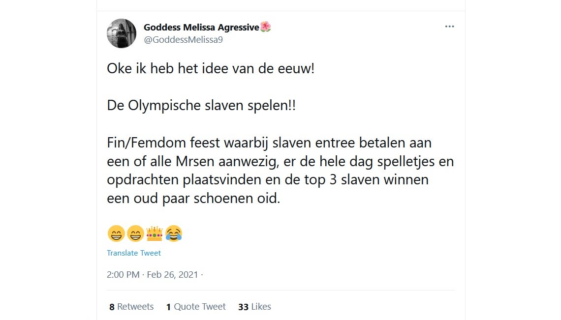 Goddess Melissa en haar idee Olympische slavenspelen