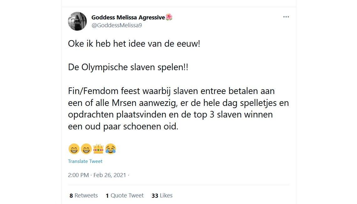 De Olympische slavenspelen van Goddess Melissa Goddess Melissa en haar idee Olympische slavenspelen